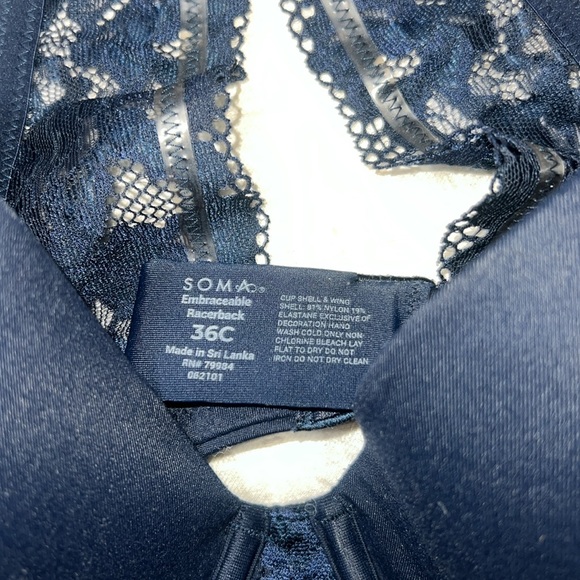 Excellent Condition Soma 36C Embraceable Racerback Light Lining Lace Navy Blue - Picture 4 of 7